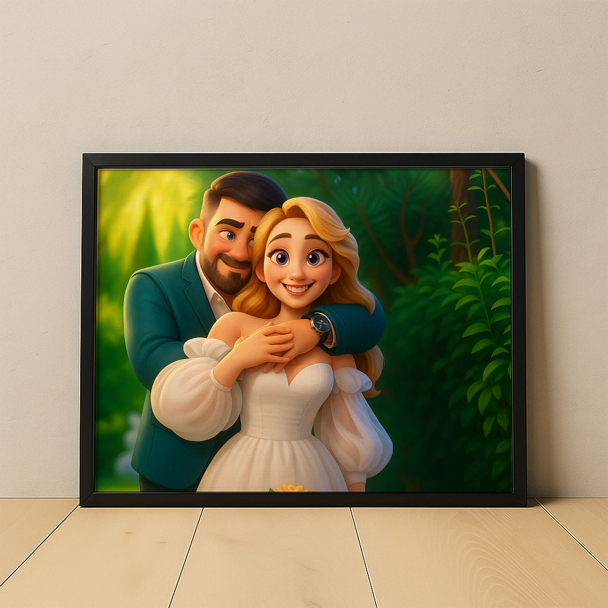 Charming Cartoon Wedding Art Print of a Happy Couple Embracing Love and Joy
 - 2