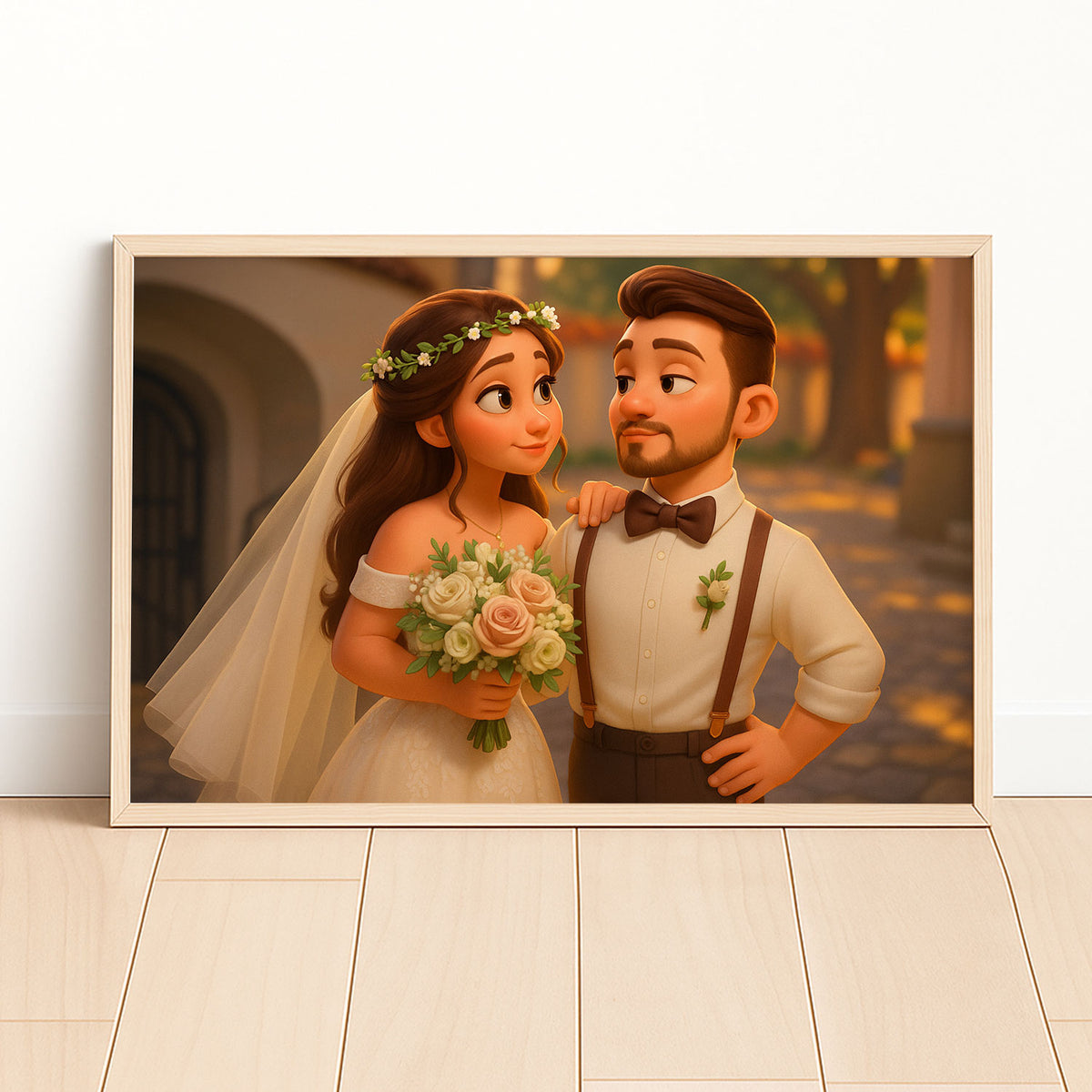 Charming Cartoon Couple Embracing in Lush Greenery – Whimsical Art for Your Home Decor
 - 2