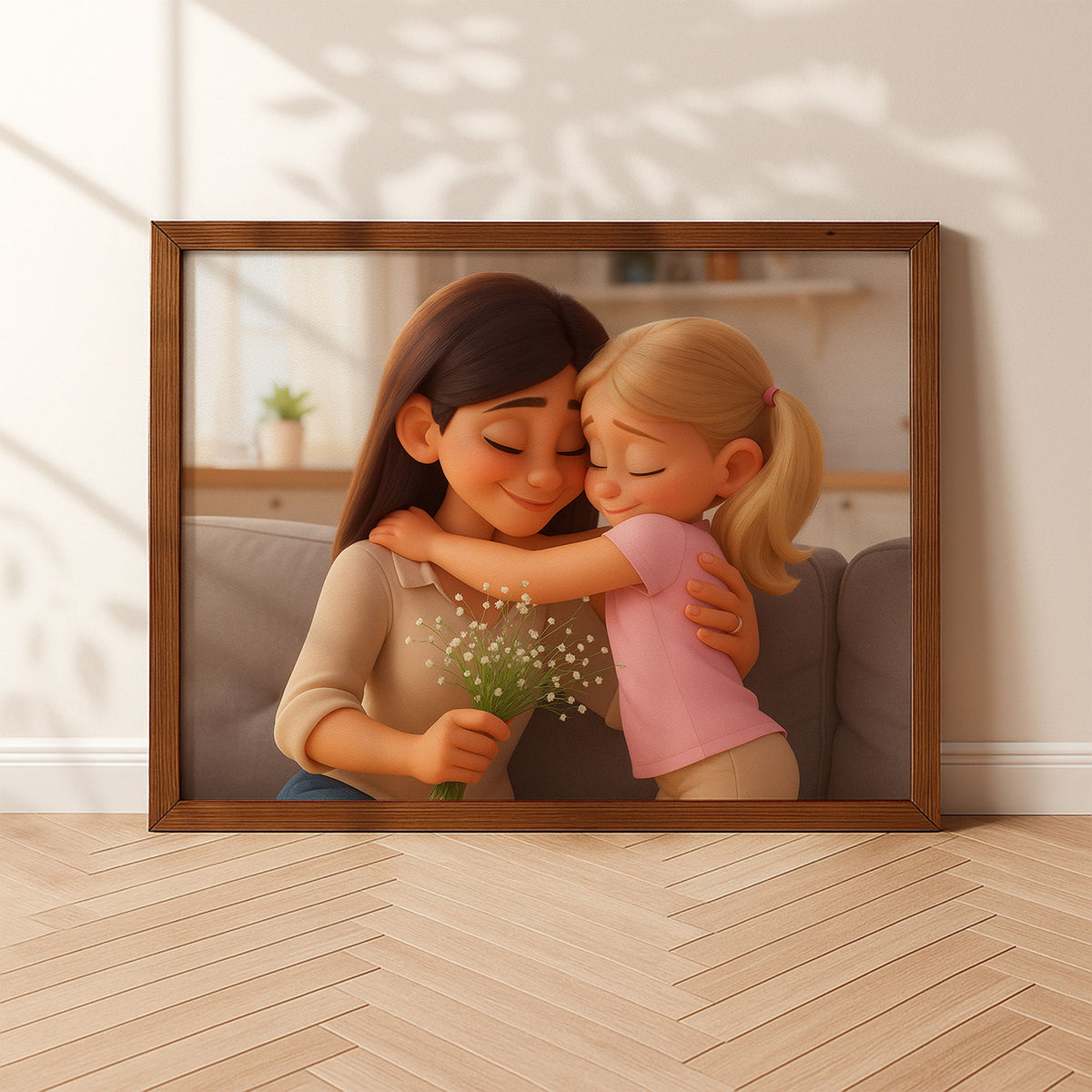 Charming Cartoon Portrait of Two Sisters Embracing: A Heartwarming Art Print for Family Love
 - 3