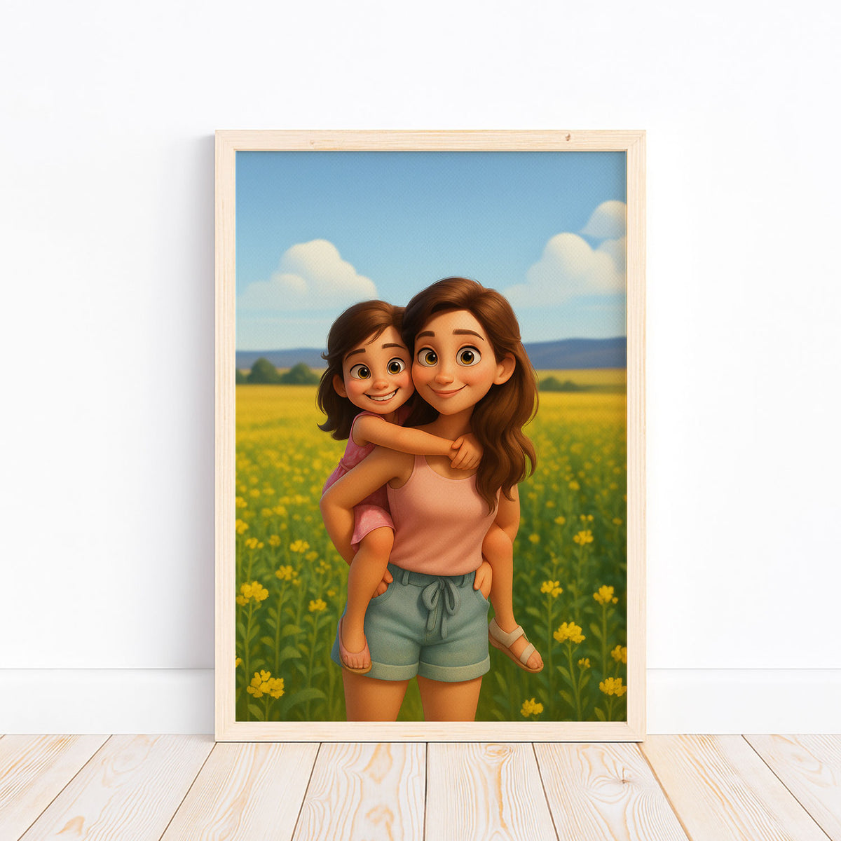 Charming Cartoon Family Portrait of Mother and Daughter Embracing in Joyful Moment
 - 3