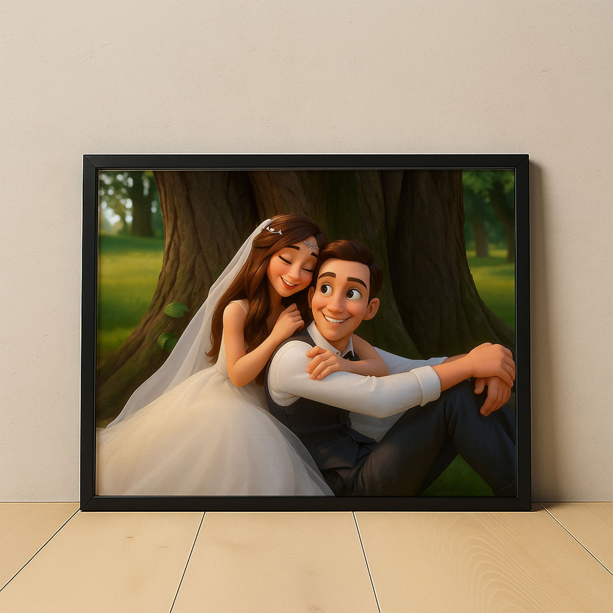Charming Animated Wedding Portrait: Romantic Couple in Lush Greenery
 - 3