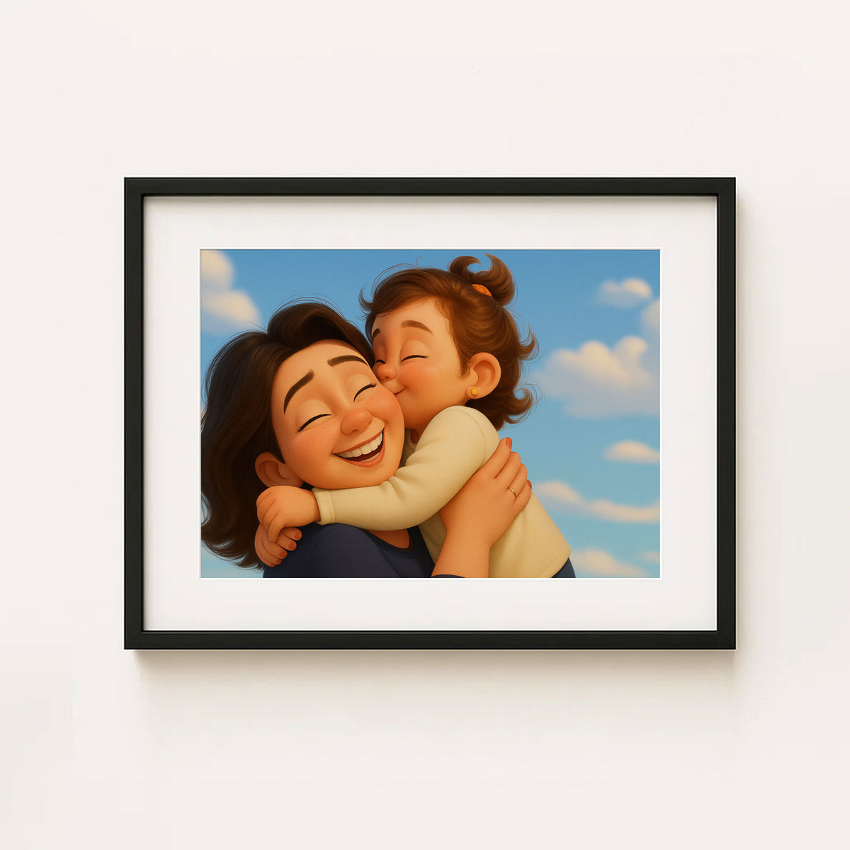 Heartwarming Cartoon Painting of a Girl and Her Mother Embracing on the Beach – Perfect Gift for Family Love
 - 3