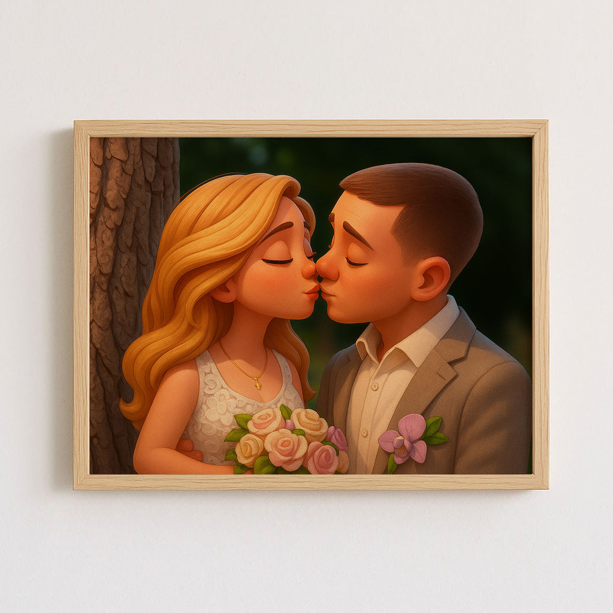 Charming Cartoon Wedding Portrait of Happy Couple in Vibrant Animation Style - Ideal for Home Decor
 - 3