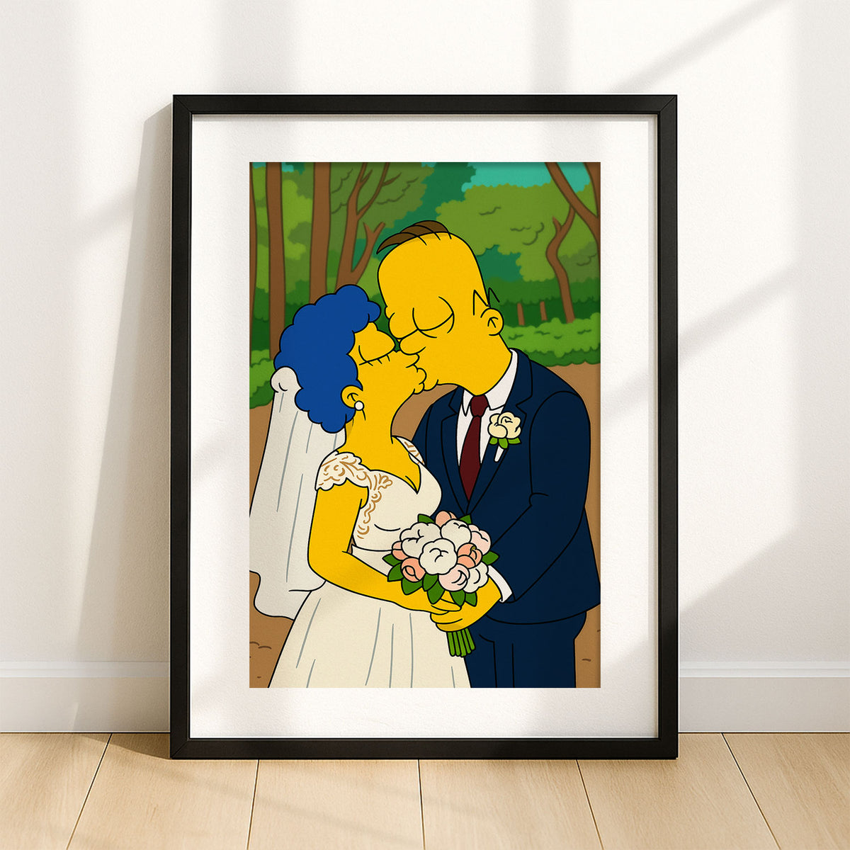 Whimsical Cartoon Wedding Art Print of Homer and Marge Simpson Kissing in Vibrant Colors
 - 3