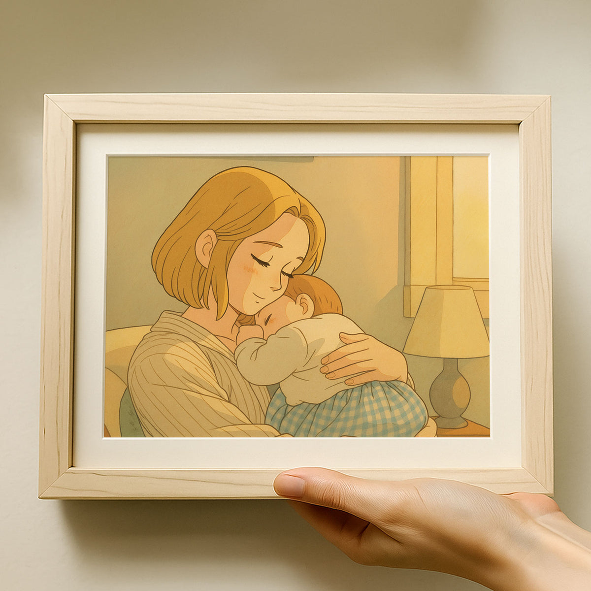 Heartwarming Illustration of a Mother Embracing Her Baby - Cozy Home Decor Art Print in Smooth Cartoon Style
 - 3