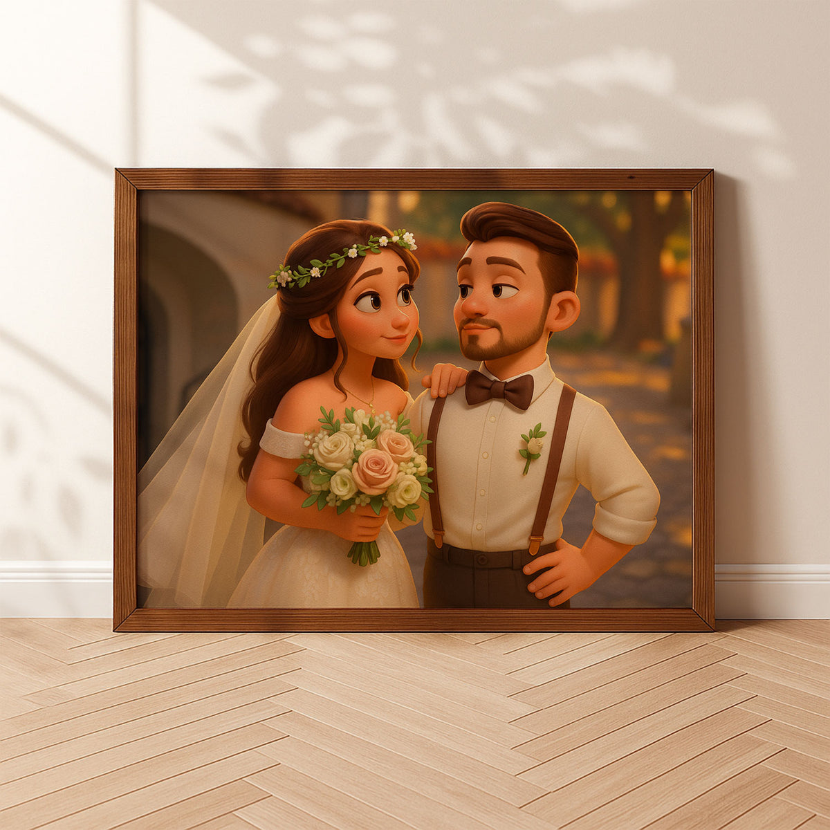 Charming Cartoon Wedding Portrait of a Bride and Groom in a Beautiful Forest Setting - Perfect for Home Decor
 - 3