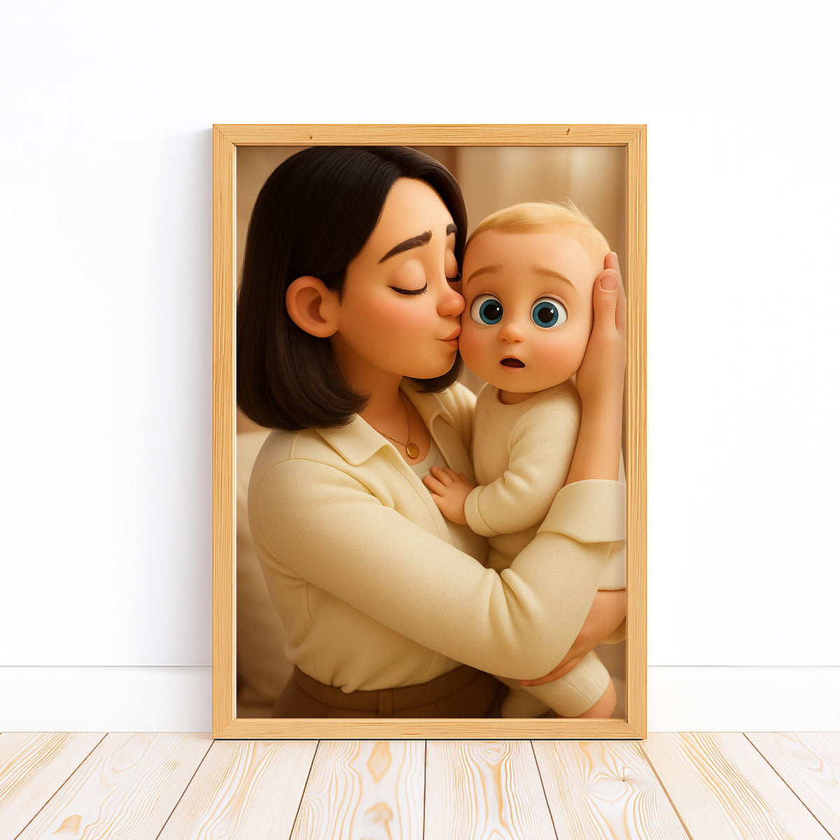 Beautiful Cartoon Art Print of a Loving Mom Embracing Her Baby – Perfect for Nursery Decor and Family Love Inspiration
 - 3