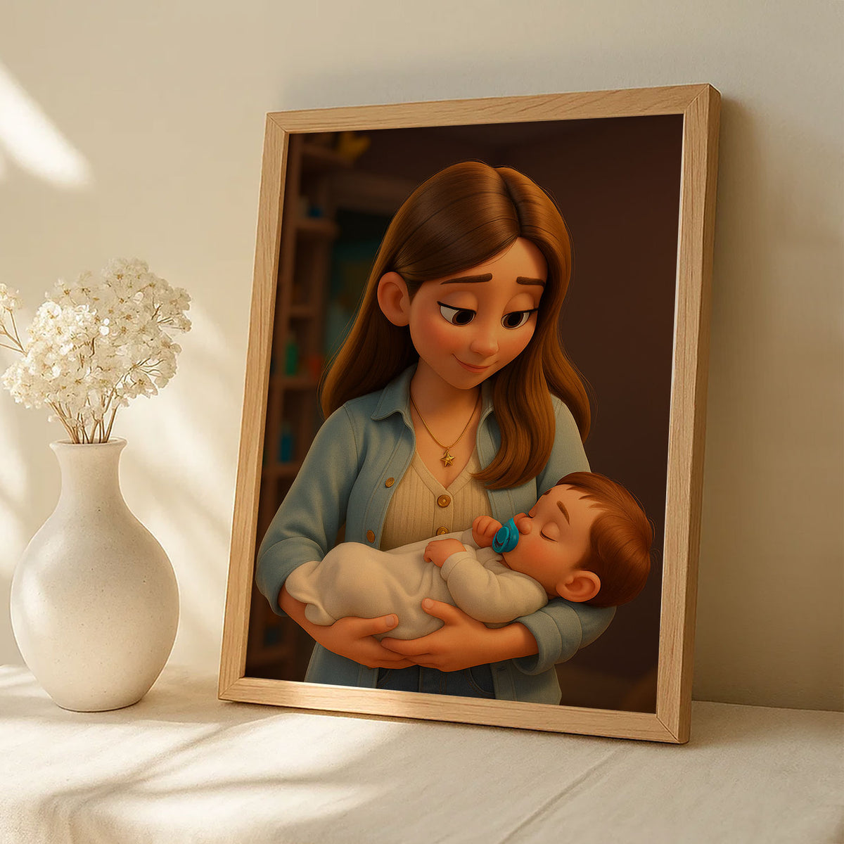 Heartwarming Family Portrait: Charming Cartoon Style Illustration of a Grandmother and Granddaughter Embracing Joyfully
 - 3