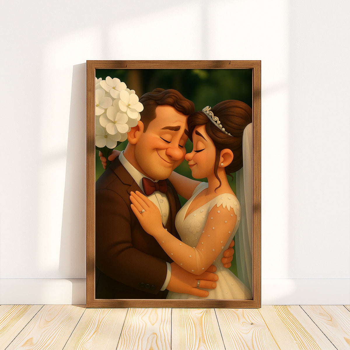 Whimsical Wedding Portrait: Enchanting Couple in Romantic Animation Style with Floral Bouquet
 - 3