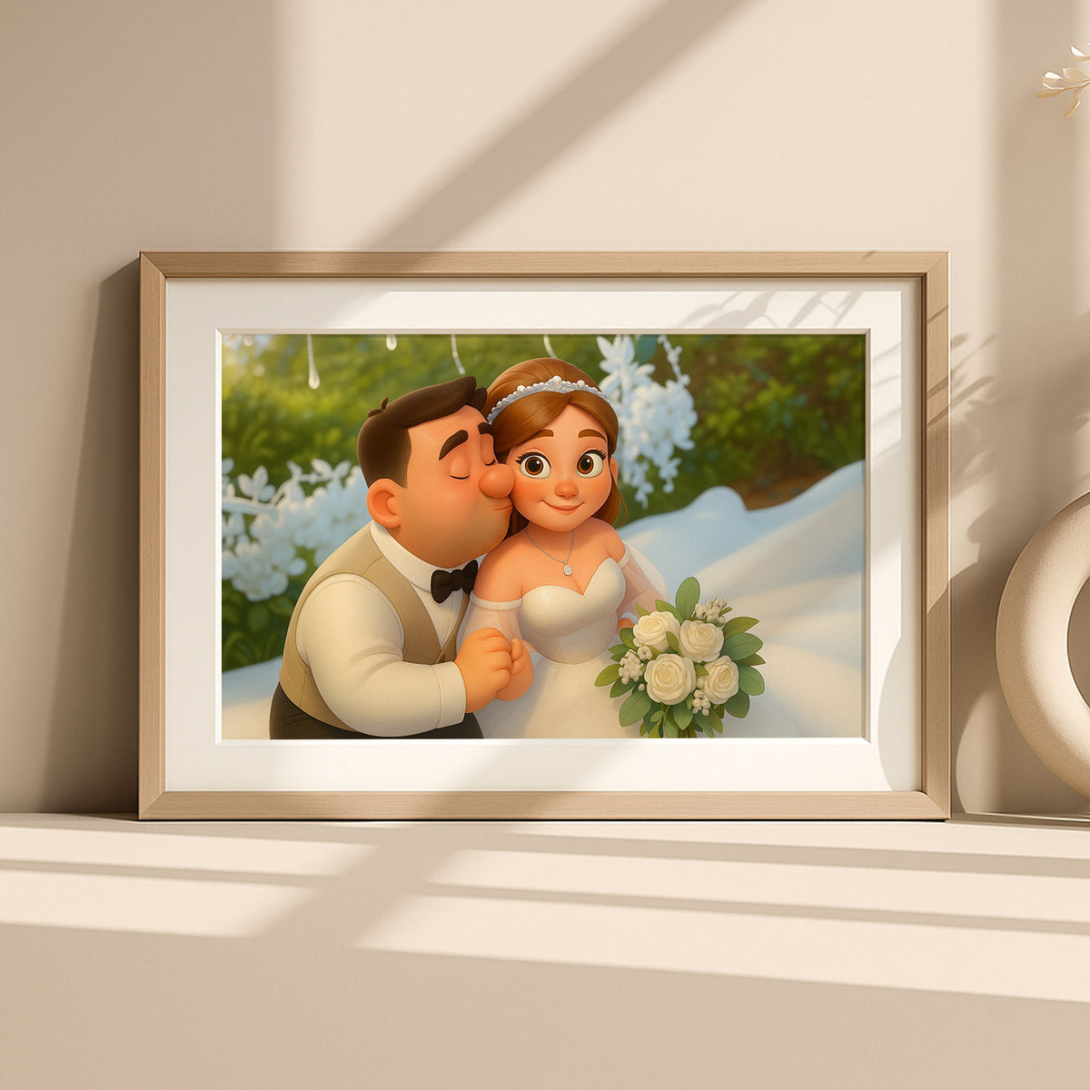 Charming Animated Wedding Portrait: Whimsical Couple Embracing Love and Joy
 - 3