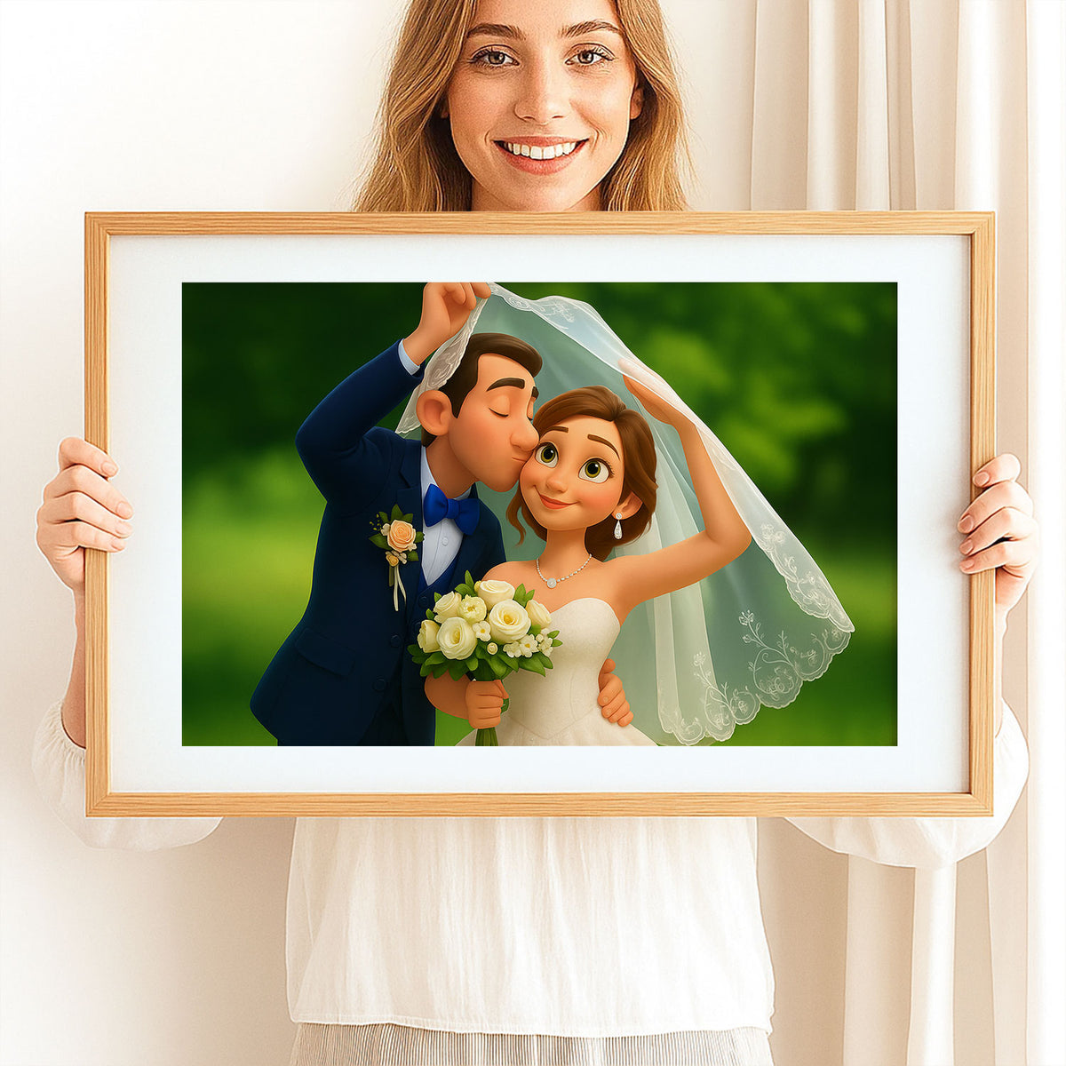 Charming Cartoon Wedding Portrait of a Bride and Groom in a Lush Forest Setting
 - 3