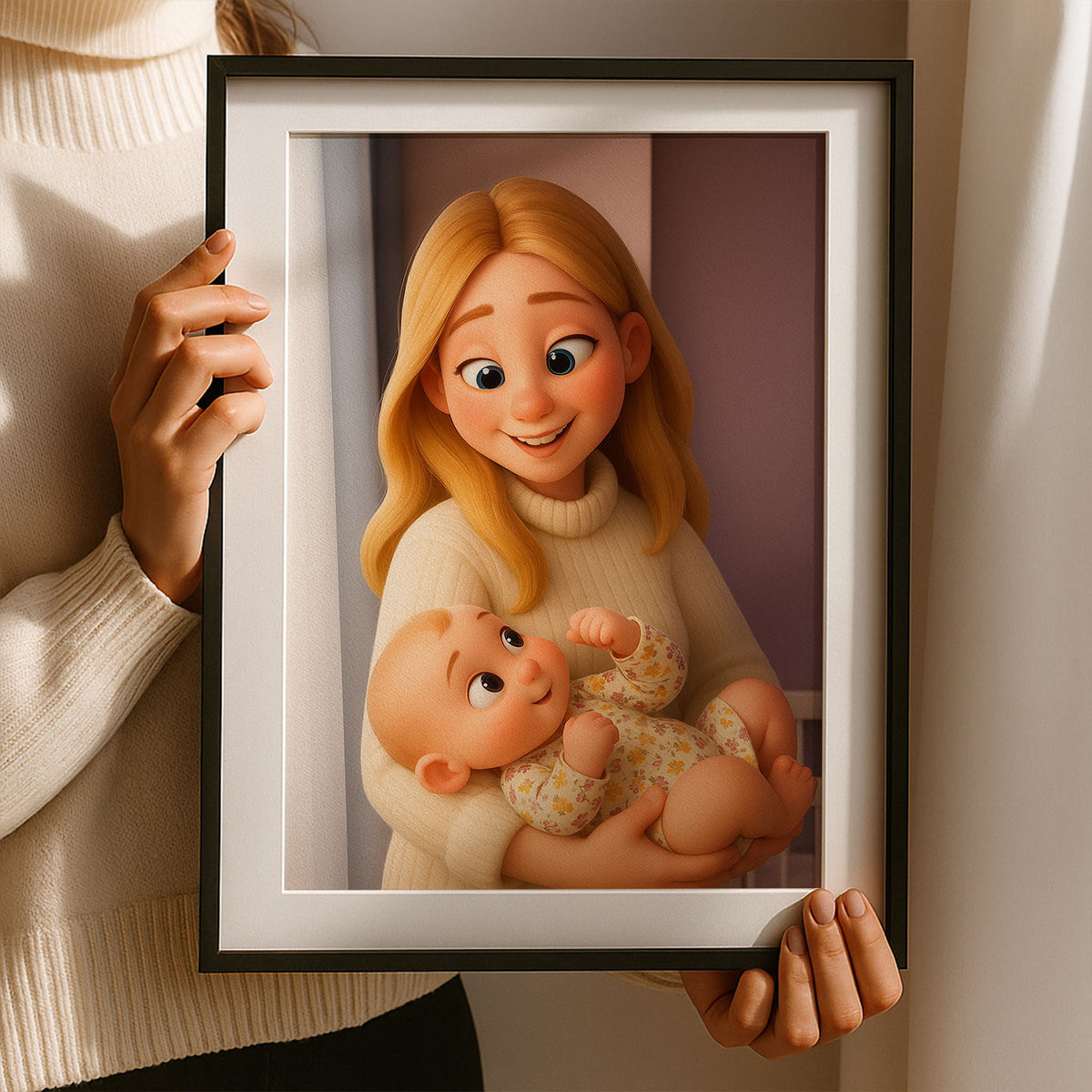 Heartwarming Cartoon Art Print of a Mother Joyfully Interacting with Her Baby in a Cozy Home Setting - Perfect for Nurseries and Family Spaces
 - 3