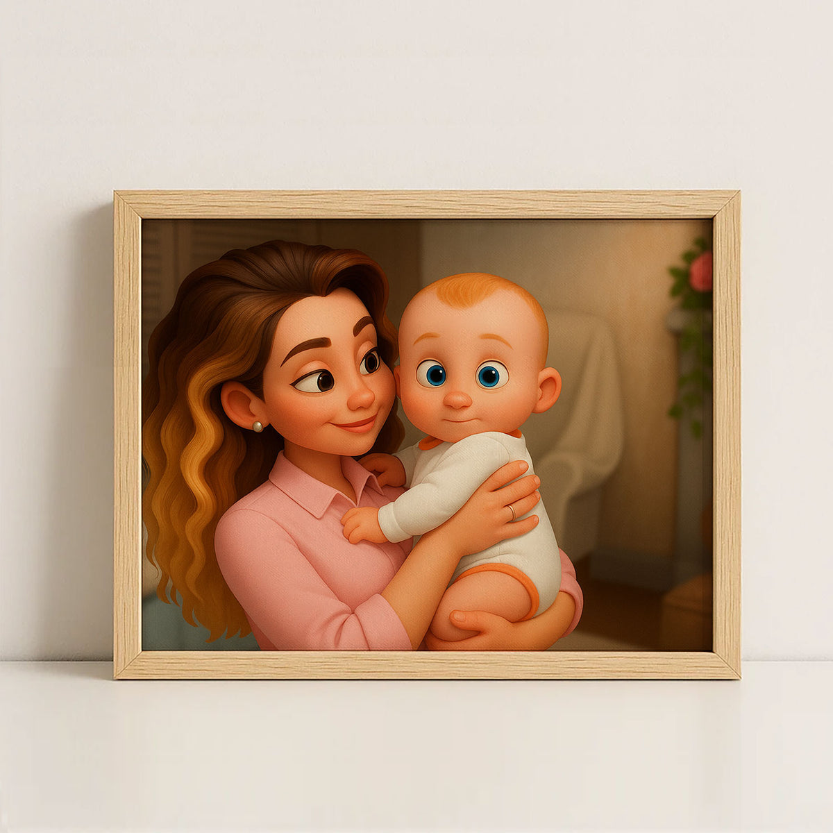 Warm and Joyful Mother-Baby Bond: Enchanting Cartoon Art Print for Nursery Decor
 - 3