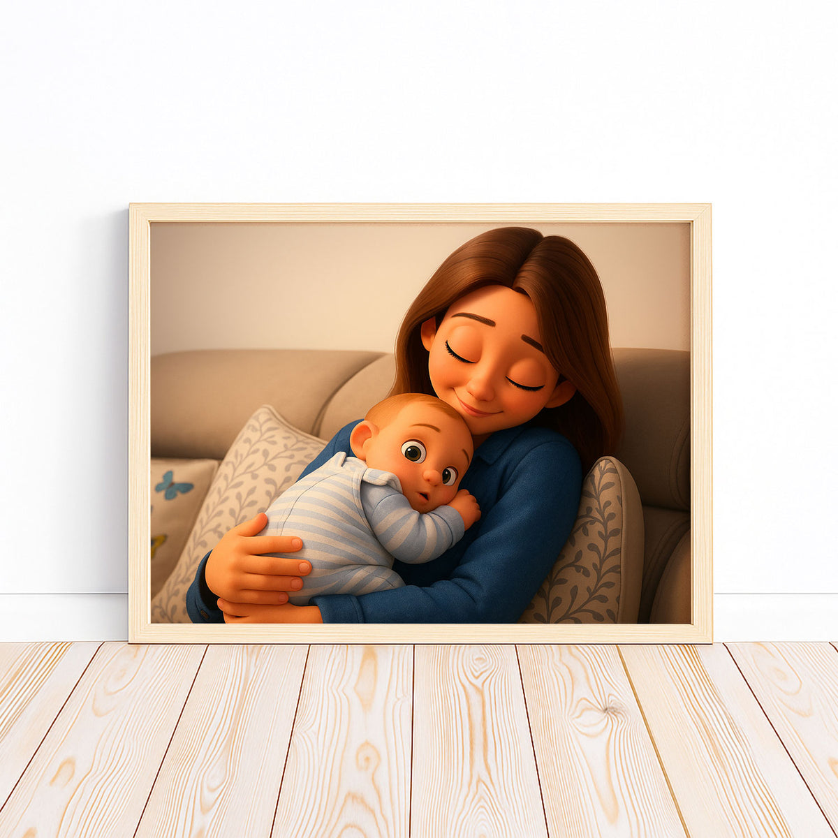 Heartwarming Mother and Baby Digital Art Print - Cozy Moments in a Charming Cartoon Style for Home Decor
 - 3