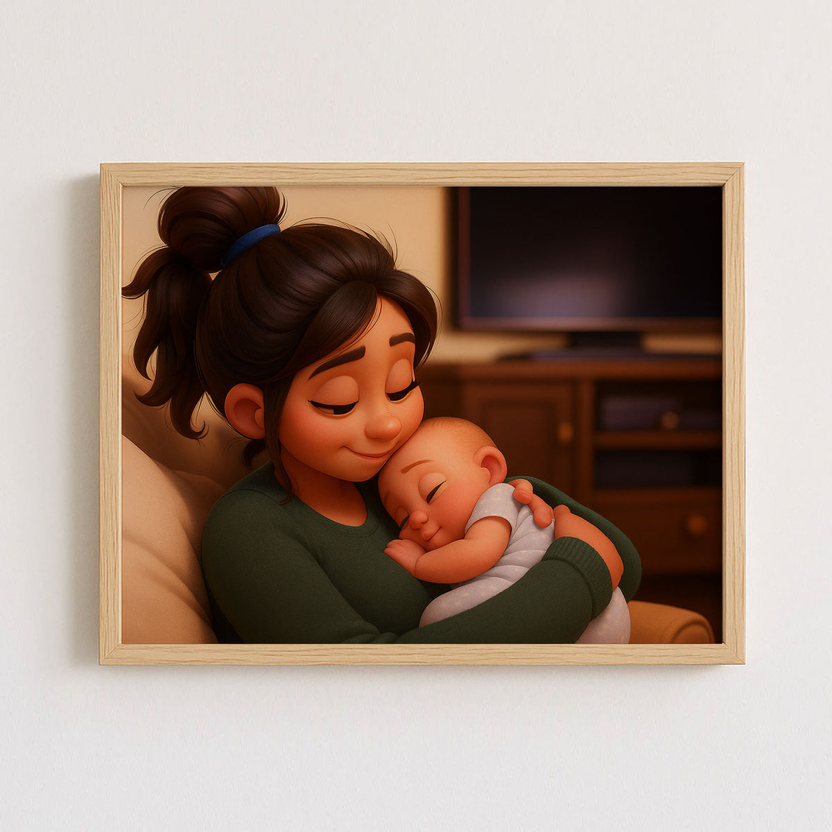 Adorable Cartoon Mom and Baby Art Print: Celebrate Love and Bonding in a Cozy Home Setting!
 - 3