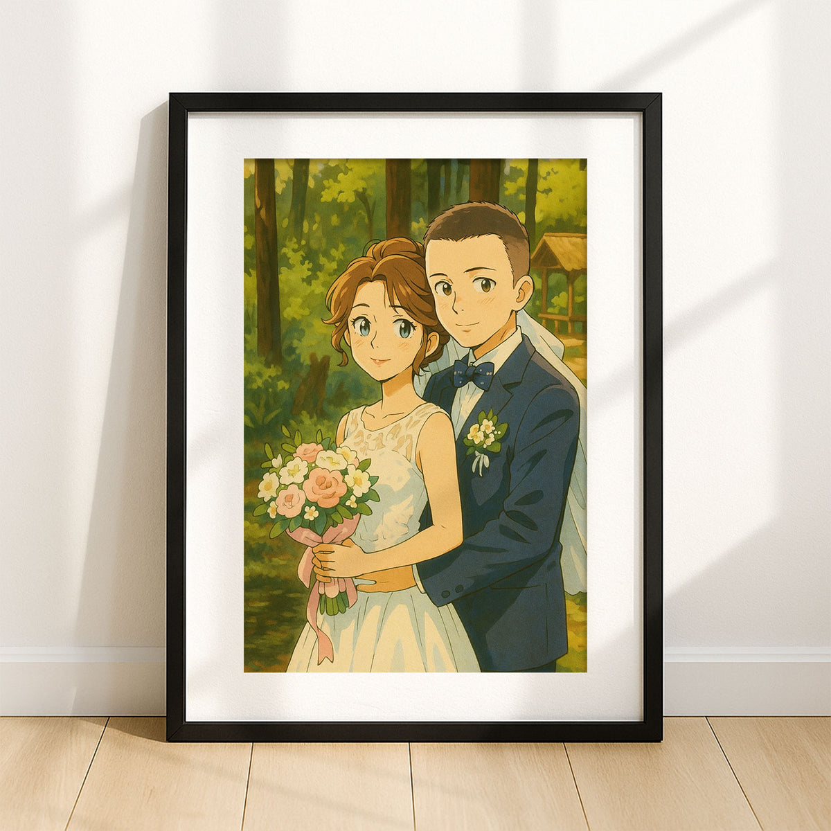 Charming Couple Illustration: Romantic Wedding Art in a Lush Garden Setting
 - 3