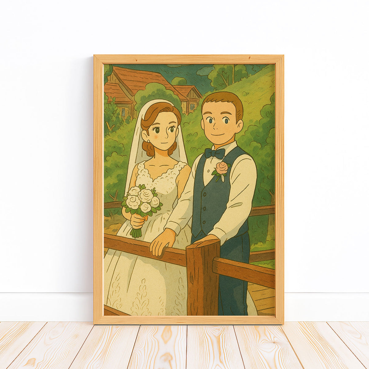 Charming Illustrated Wedding Portrait: Couple Embracing in Lush Greenery – Perfect for Home Decor and Gifts
 - 2