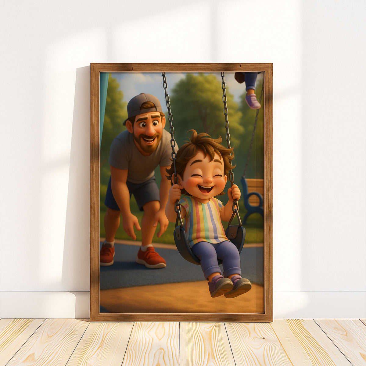 Heartwarming Cartoon Art of Dad and Son Joyfully Playing Together in a Colorful Autumn Landscape
 - 2