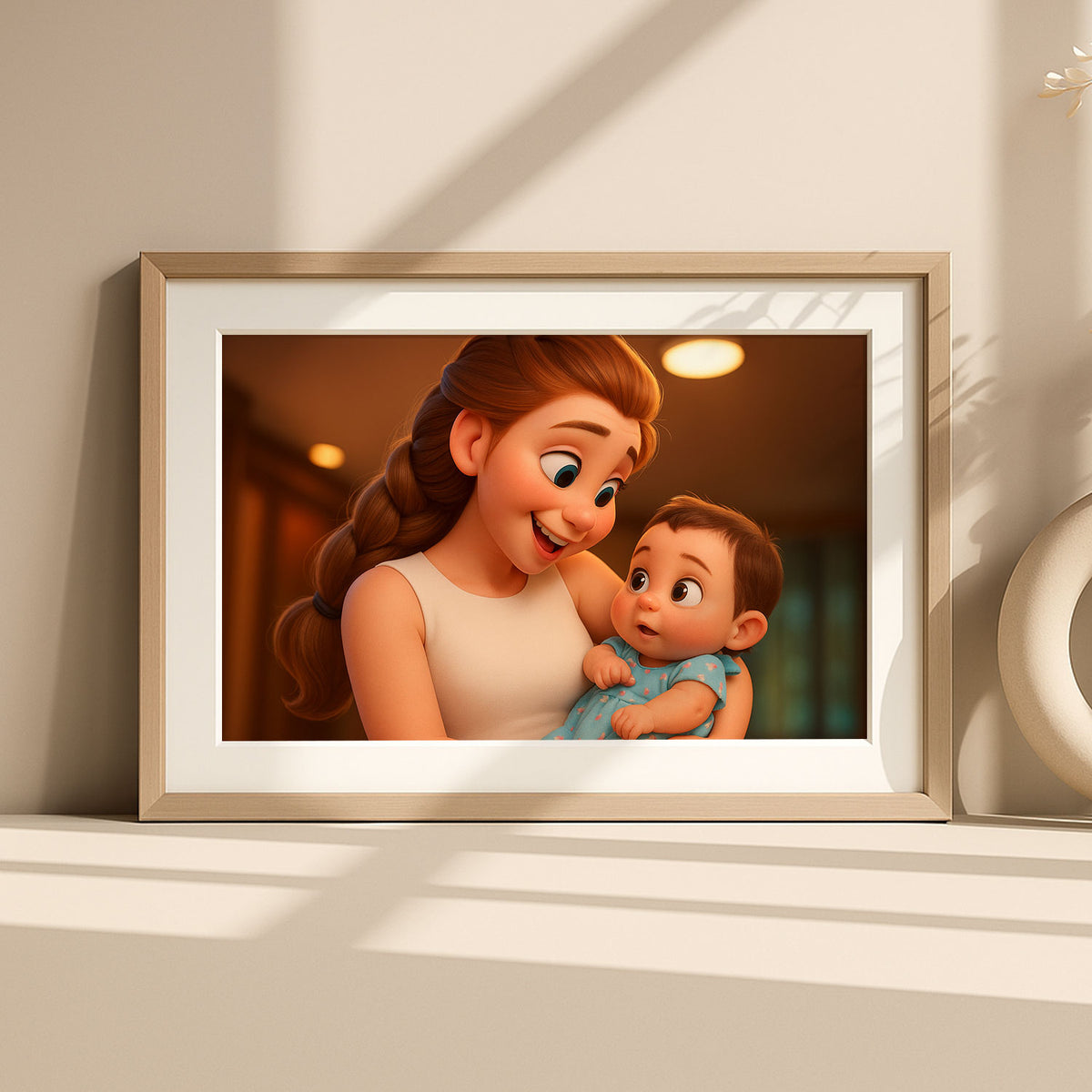 Charming Cartoon Art of a Mother and Baby Embracing - Heartwarming Home Decor for Nursery or Living Room
 - 3