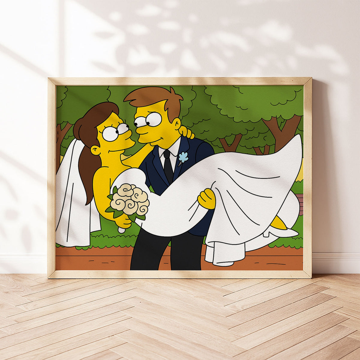 Charming Simpsons Wedding Art - Homer &amp; Marge in Playful Cartoon Style Perfect for Home Decor
 - 2