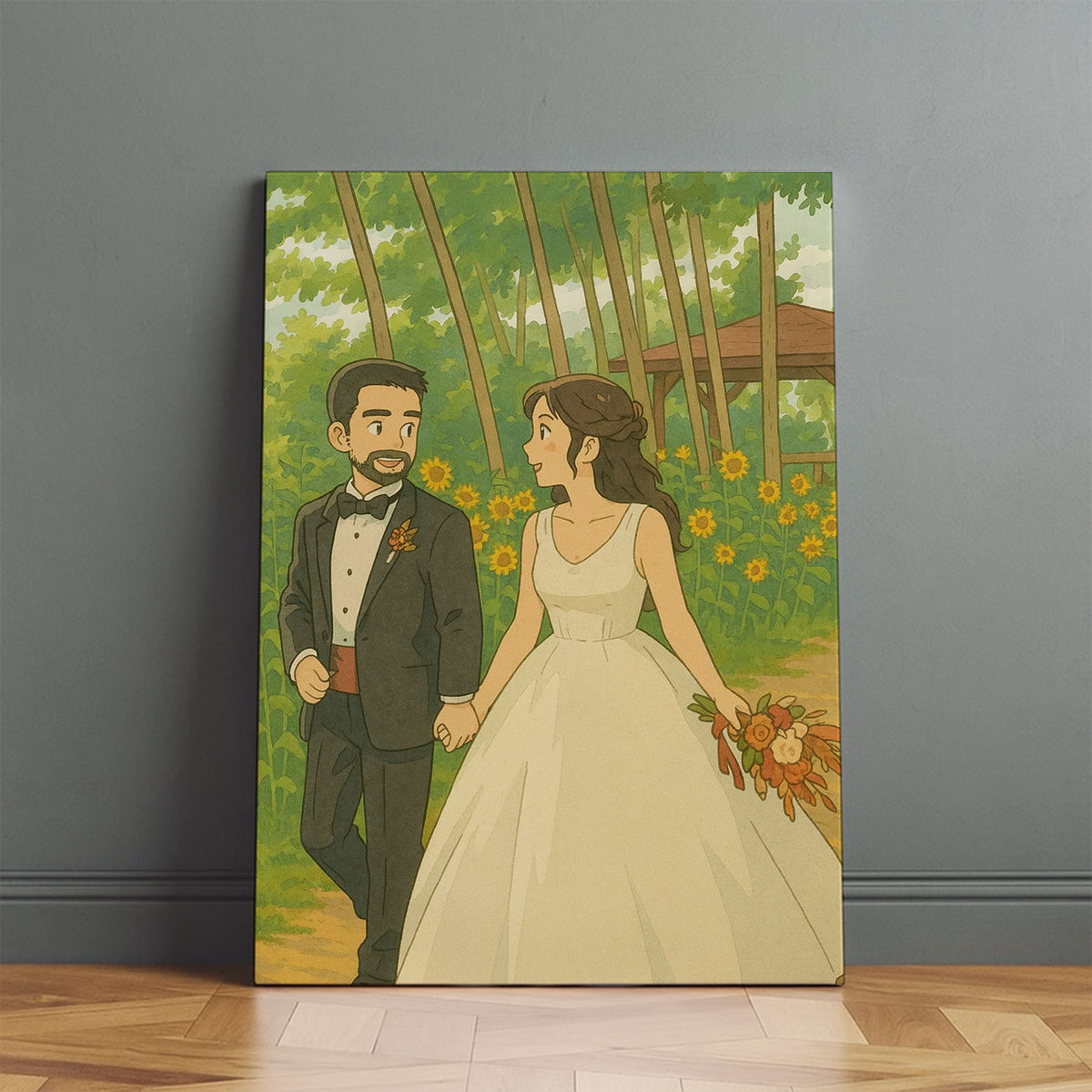 Charming Animated Wedding Artwork: Elegant Couple in Nature-Inspired Style - Perfect for Home Decor
 - 3