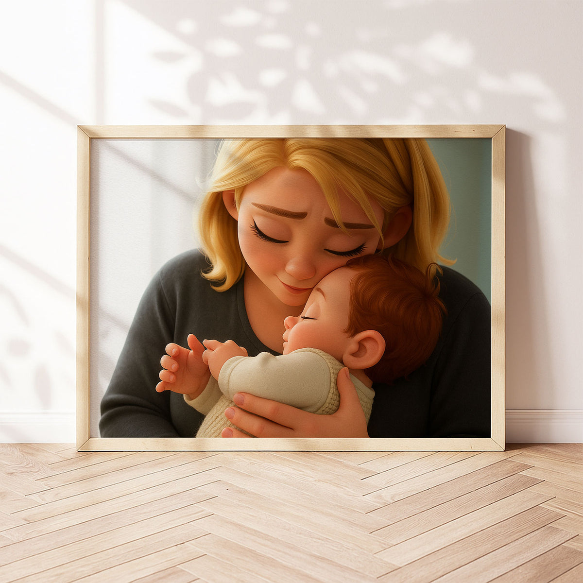 Heartwarming Cartoon Illustration of Mother and Baby Embracing – Perfect Wall Art for Family Love and Joy in Your Home
 - 3