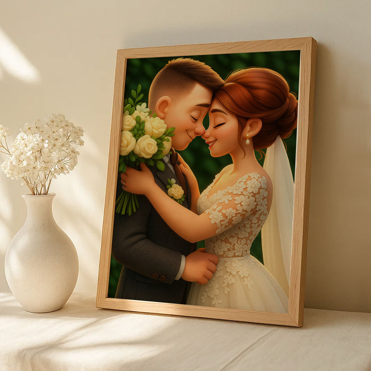 Charming Cartoon Wedding Art: Whimsical Illustration of Bride and Groom in Floral Setting
 - 3