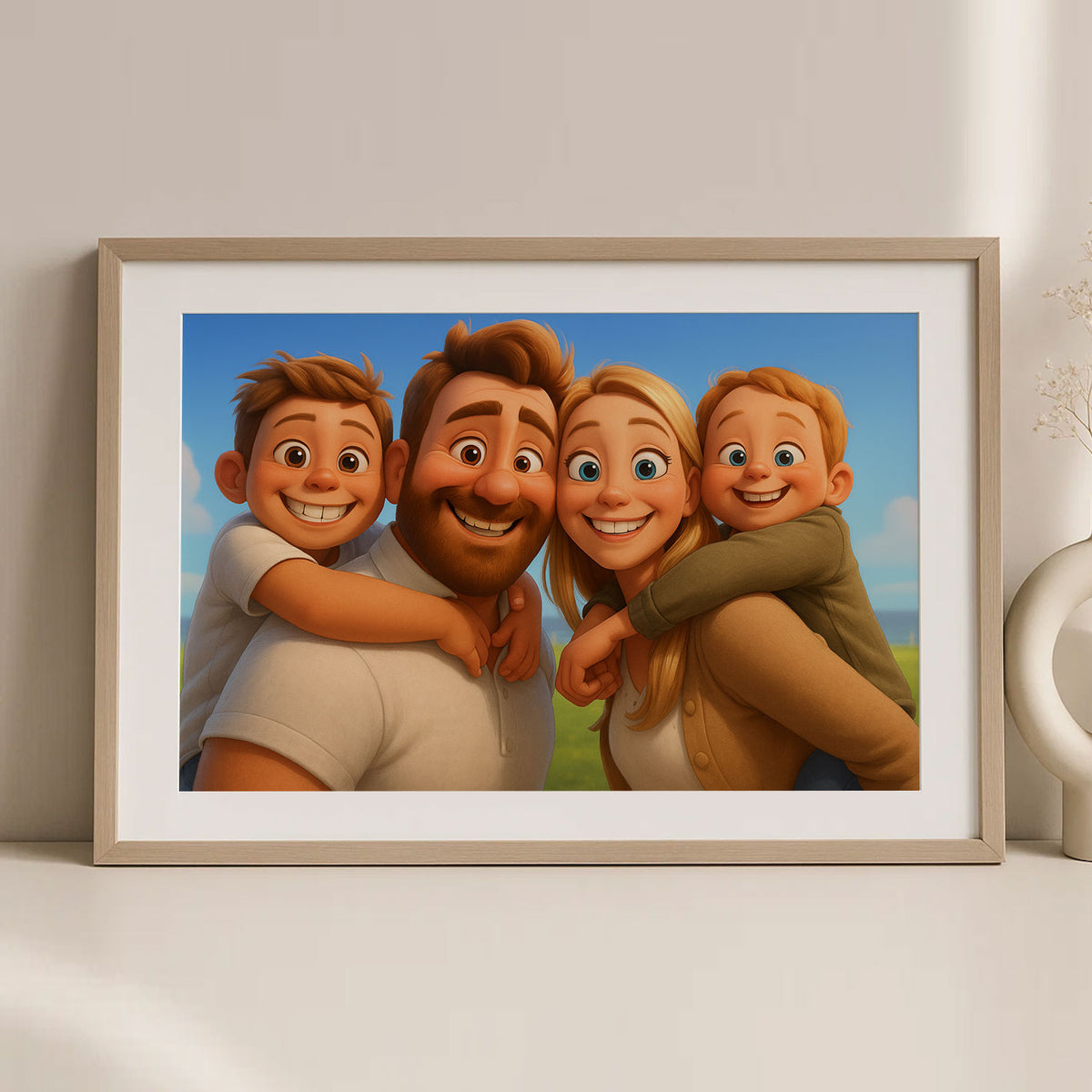 Charming Family Portrait: Heartwarming Cartoon Art of Parents with Baby in Vibrant Style for Modern Home Decor
 - 3