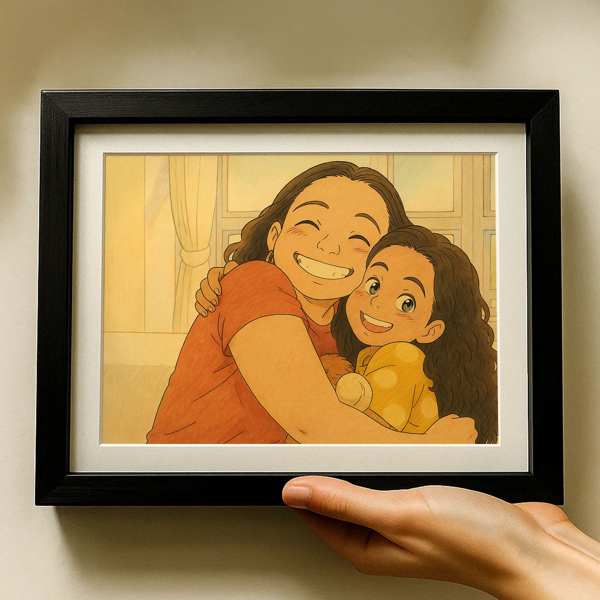 Joyful Bond: Colorful Cartoon Art of a Mother and Daughter Sharing Laughter and Love
 - 3
