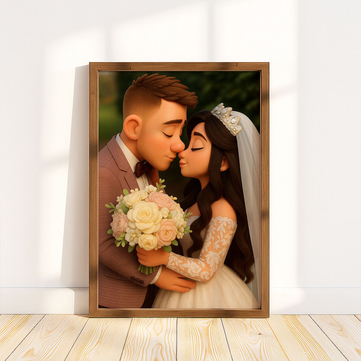 Whimsical Wedding Portrait: Charming Animated Style Art of Bride and Groom Embracing, Perfect for Love Celebrations
 - 3