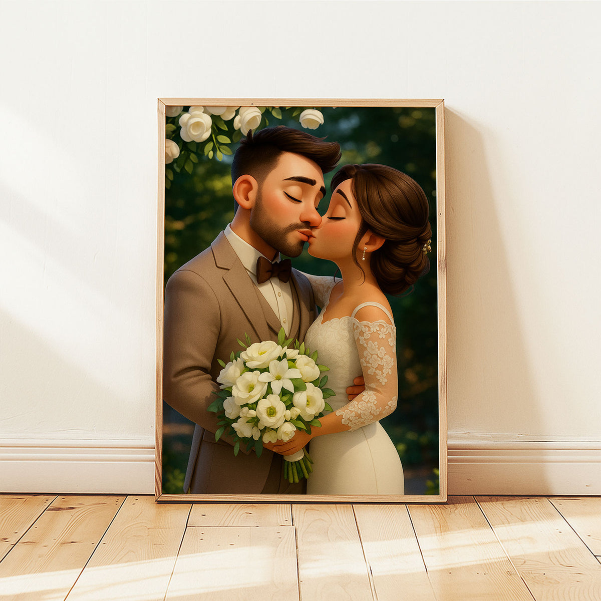 Charming Cartoon Wedding Portrait of a Happy Couple - Perfect Art for Home Decor and Wedding Memories
 - 3