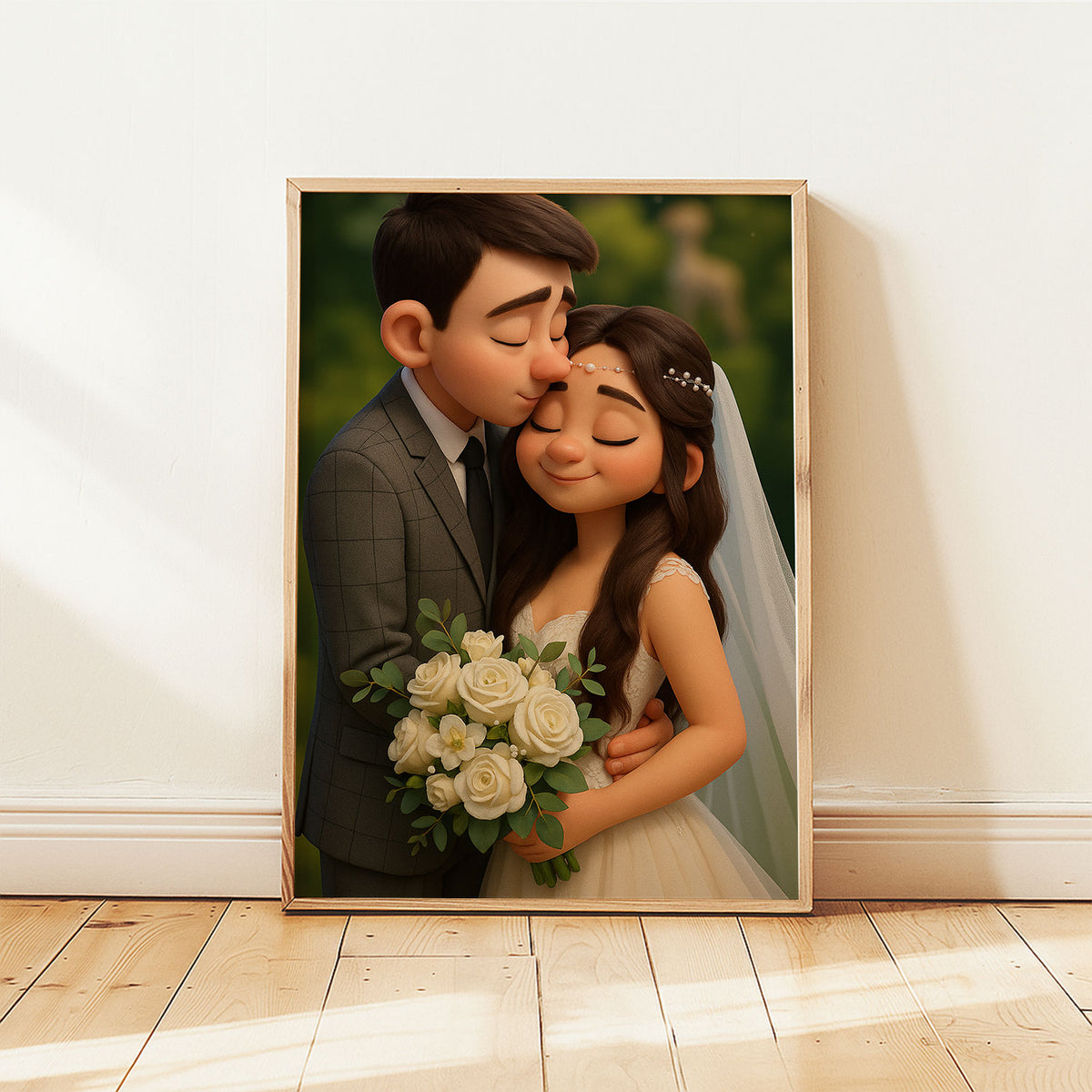 Whimsical Cartoon Wedding Portrait of Happy Couple in Nature - Perfect for Celebrating Love and Special Days
 - 3