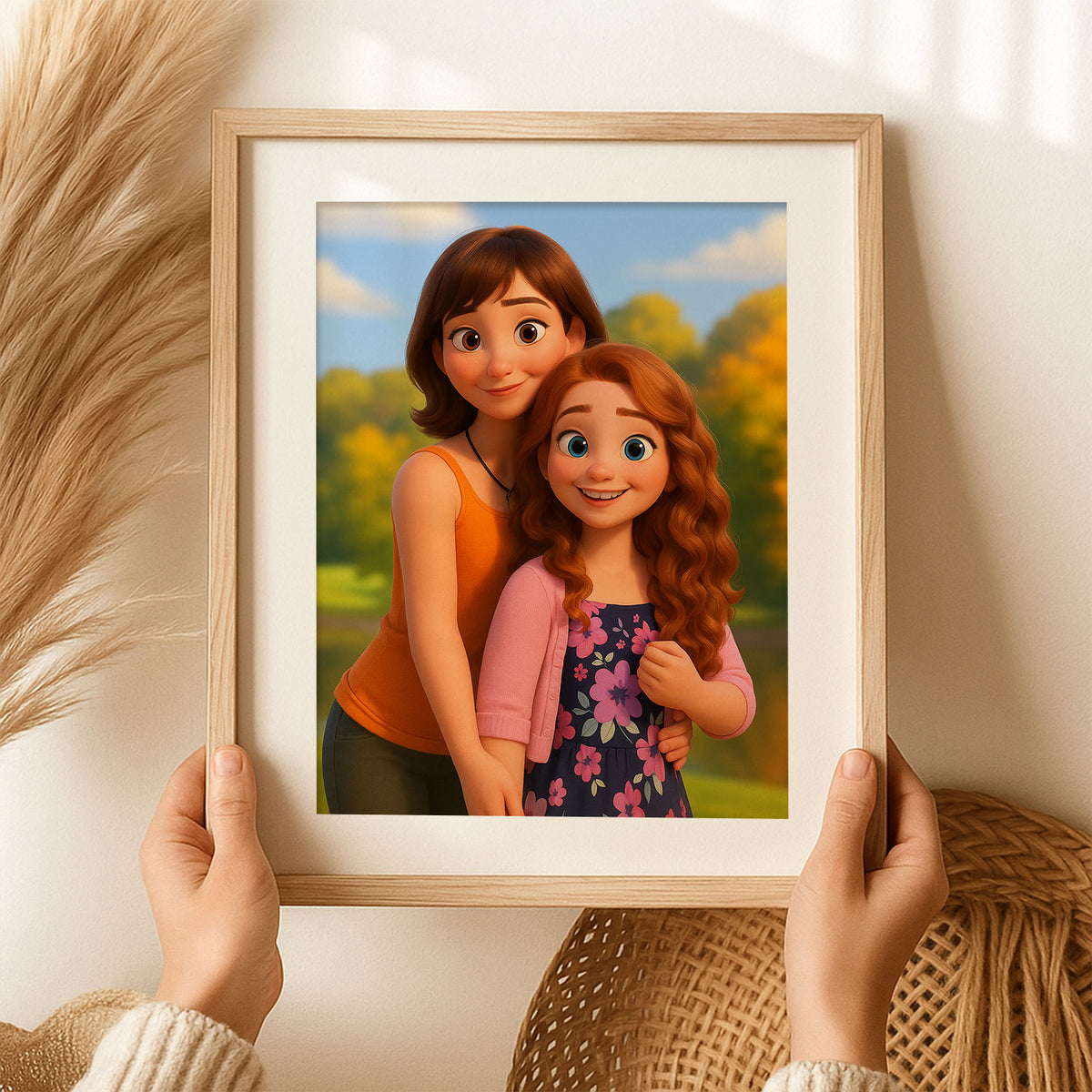 Charming Cartoon Mother and Daughter Portrait | Whimsical Animation Art for Cozy Home Decor
 - 3