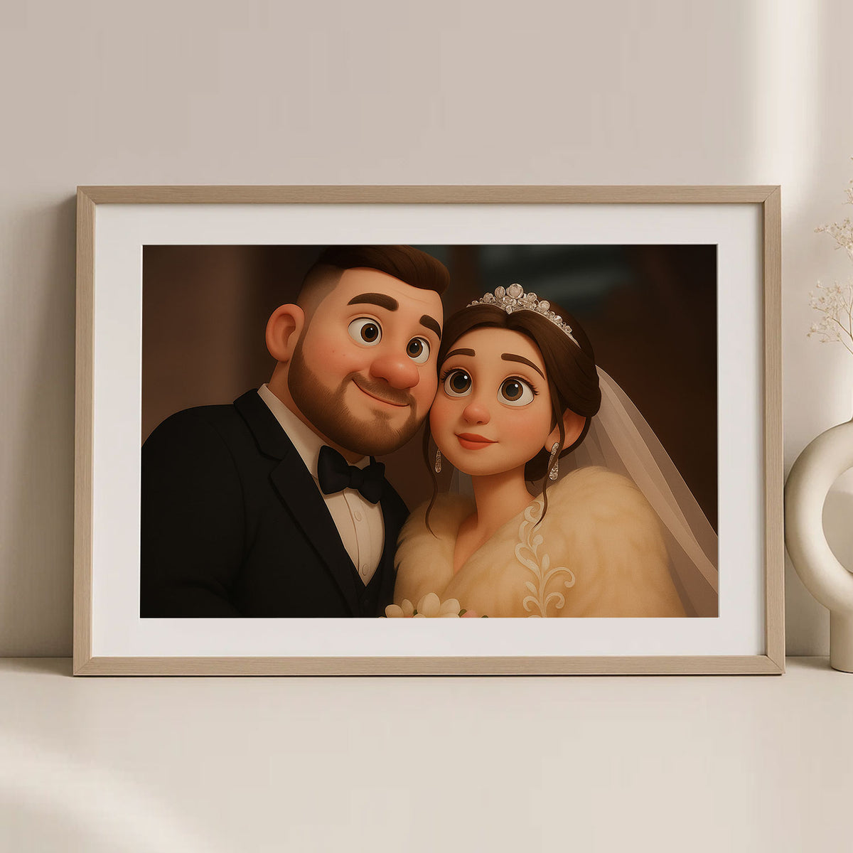 Charming Cartoon Wedding Portrait of a Happy Couple | Ideal Art for Home Decor
 - 3