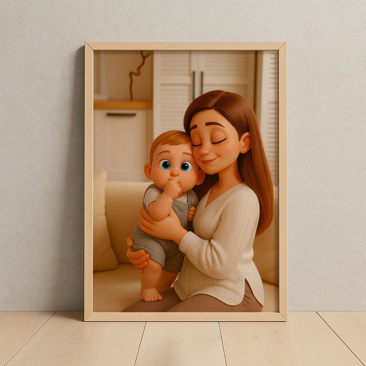 Heartwarming Cartoon Portrait of a Mother and Baby: Perfect Gift for New Parents and Nursery Decor
 - 3