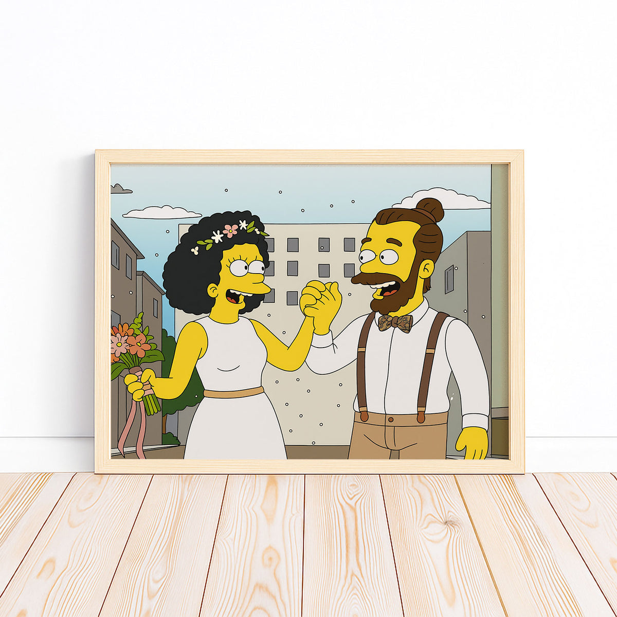 Whimsical Cartoon Wedding Art Print Featuring Cheerful Couple in Unique Animated Style
 - 3