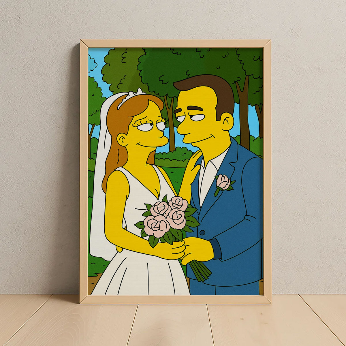 Whimsical Cartoon Wedding Kiss Art Print - Yellow Characters in a Romantic Forest Scene
 - 3