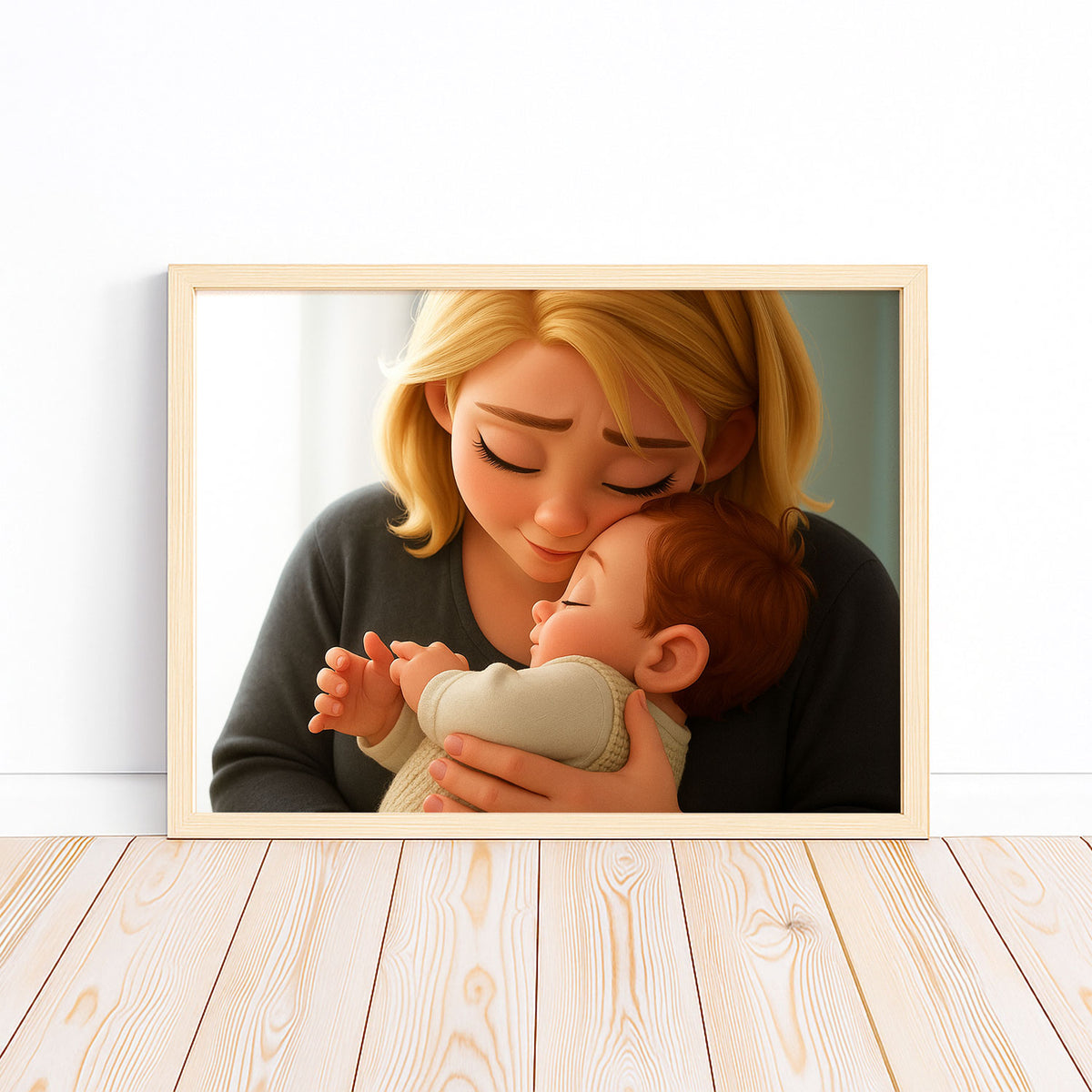 Heartwarming Digital Art of a Mother Embracing Her Sleeping Baby – Cute Cartoon Style Wall Decor for Nursery or Kids’ Room
 - 3