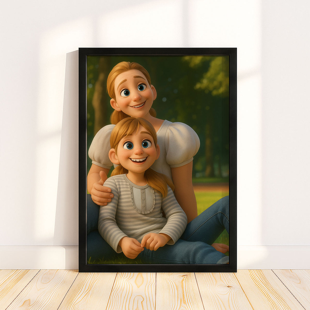 Charming Mother-Daughter Bond in Vibrant Cartoon Style Artwork for Family Decor
 - 3
