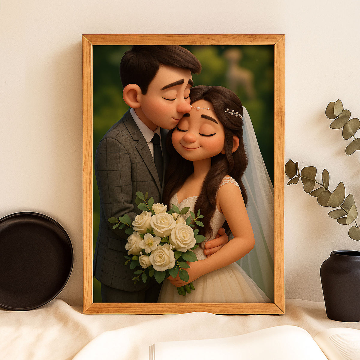 Charming Cartoon Wedding Portrait: Joyful Couple Embracing with Flowers in a Whimsical Art Style
 - 3