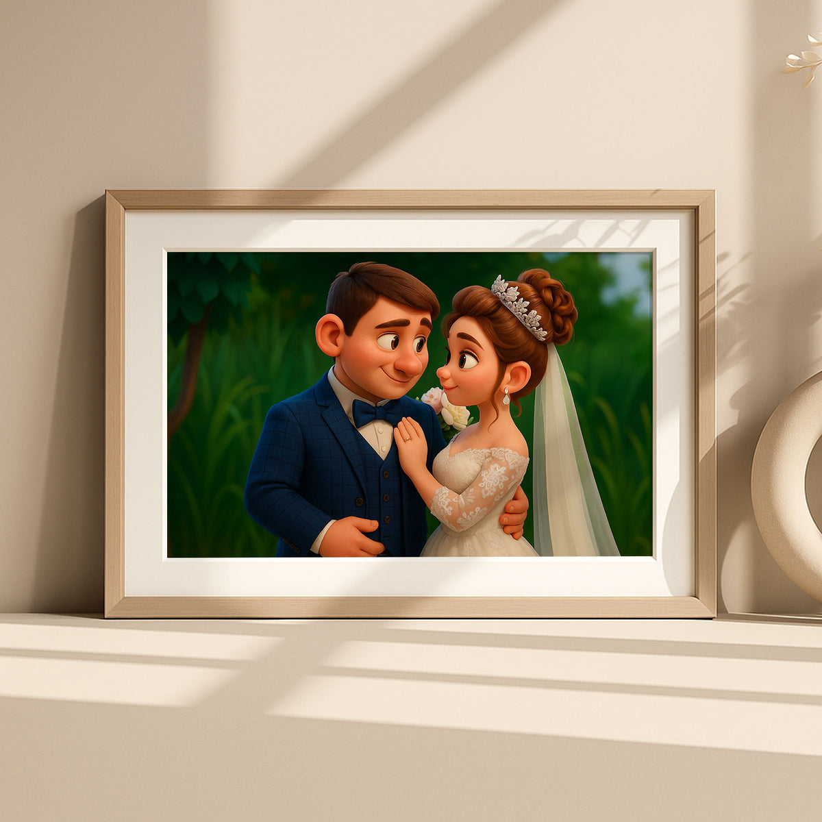 Charming Animated Wedding Portrait: Joyful Bride and Groom in Whimsical Illustration Style
 - 3