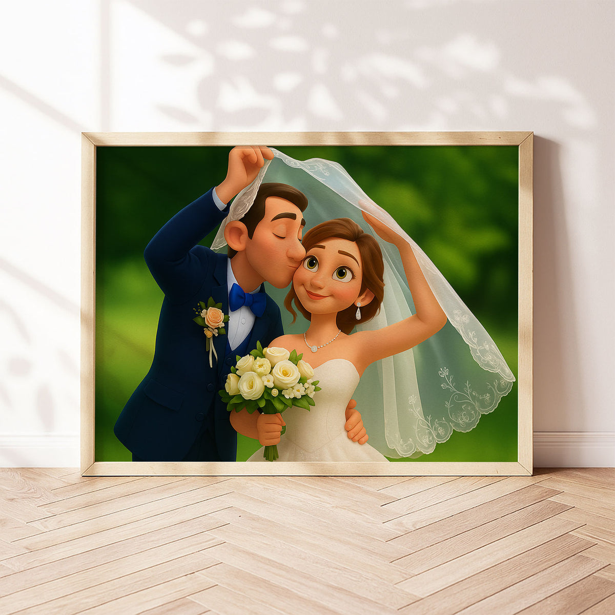 Whimsical Disney-Inspired Wedding Art Print of Loving Couple in Romantic Setting
 - 3