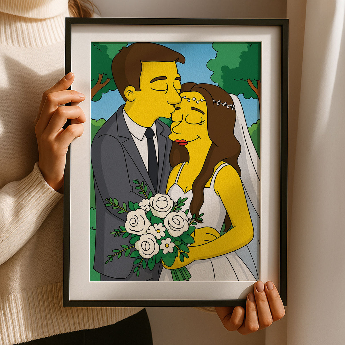 Whimsical Cartoon Wedding Portrait - Fun Simpsons Style Artwork for Unique Home Decor
 - 3