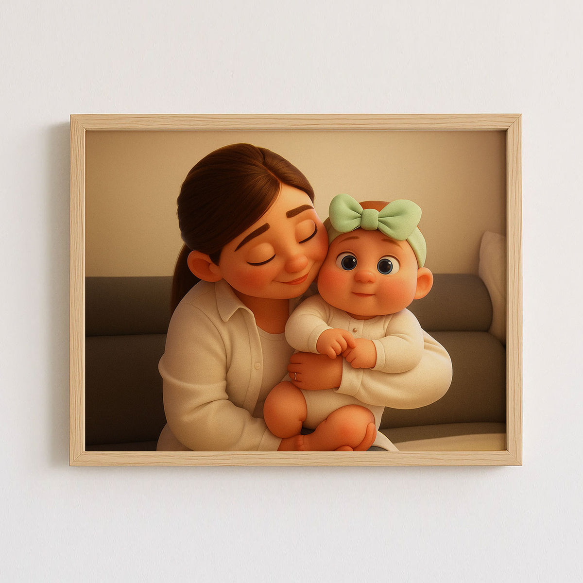 Adorable Cartoon Style Art Print of a Joyful Mother Holding Her Baby: Perfect Gift for New Parents and Nursery Decor
 - 3