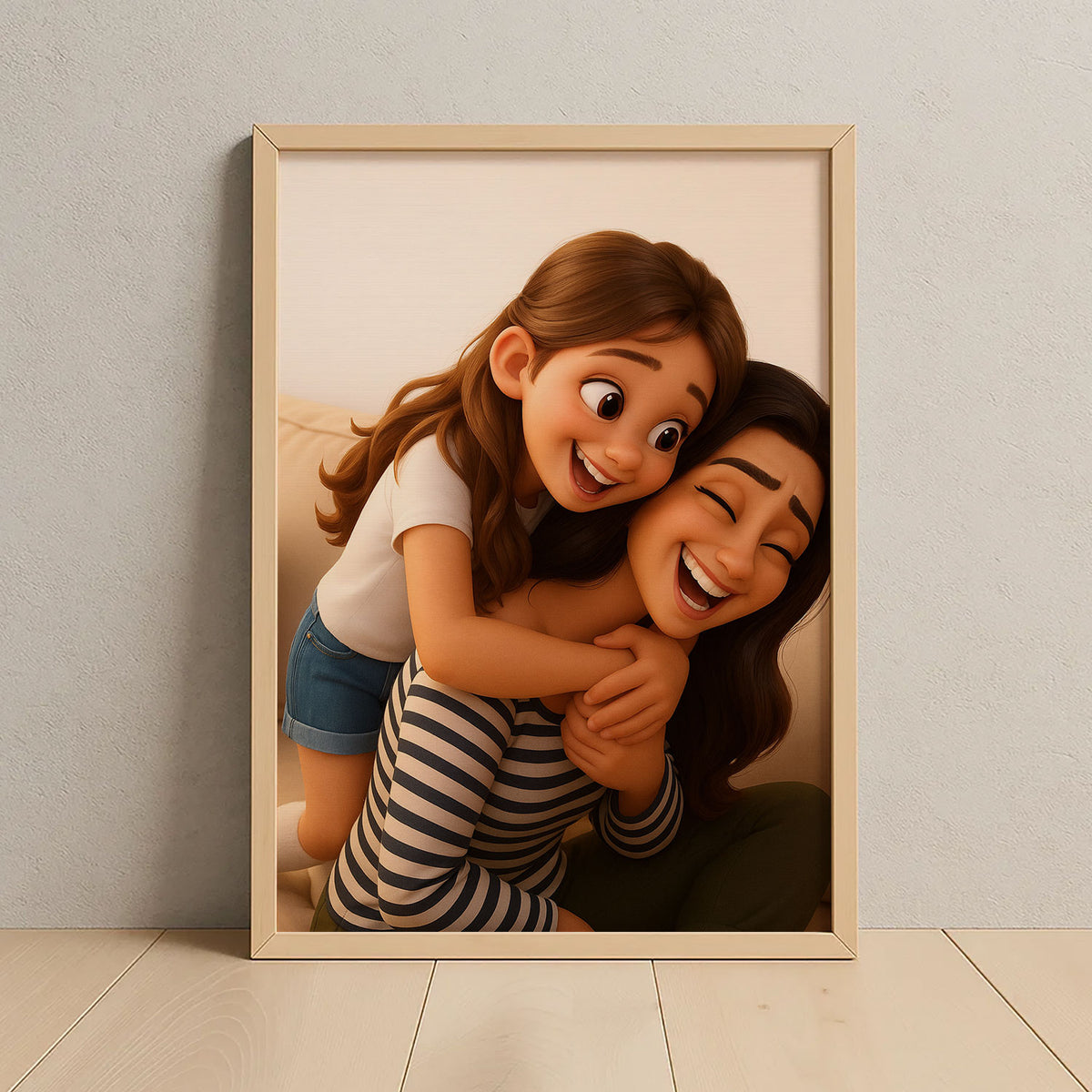 Charming Mother-Daughter Bond: Whimsical Cartoon Art for Family Spaces
 - 3