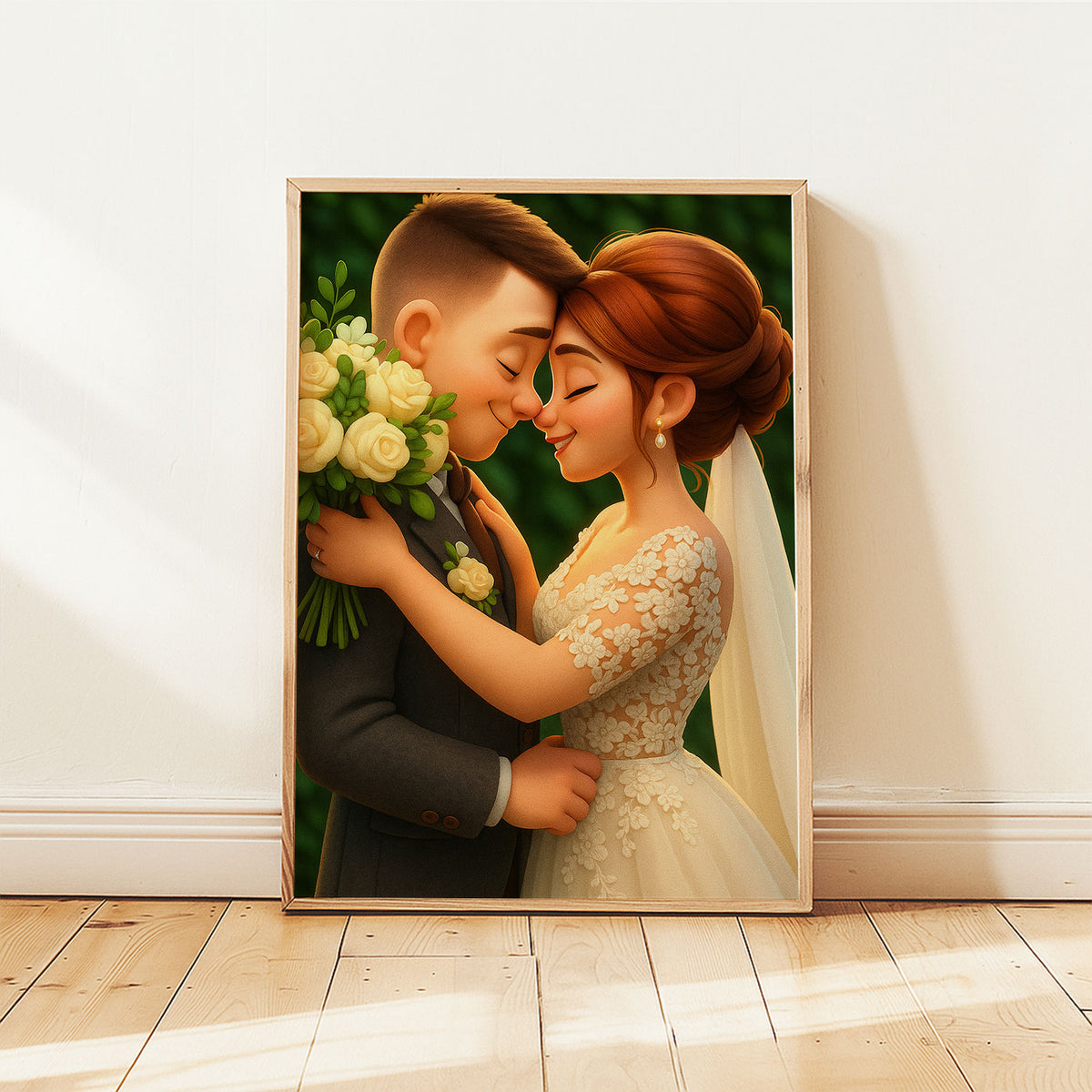 Charming Cartoon Wedding Art Print - Heartwarming Bride and Groom Illustration for Your Home Decor
 - 3