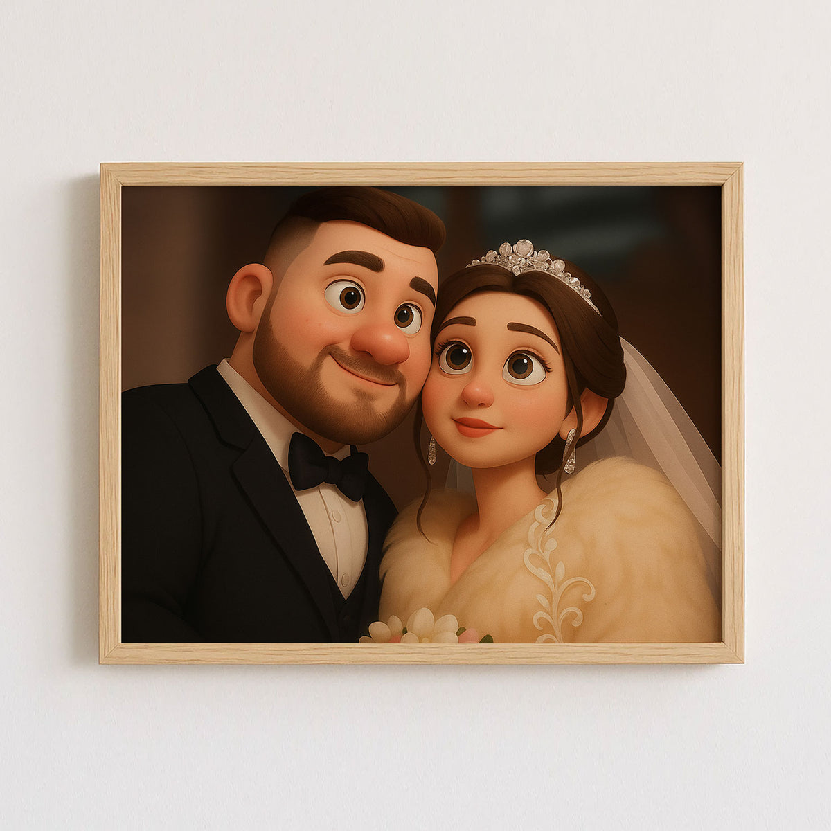 Charming Cartoon Wedding Portrait of a Bride and Groom in Whimsical Art Style for Your Home Decor
 - 3