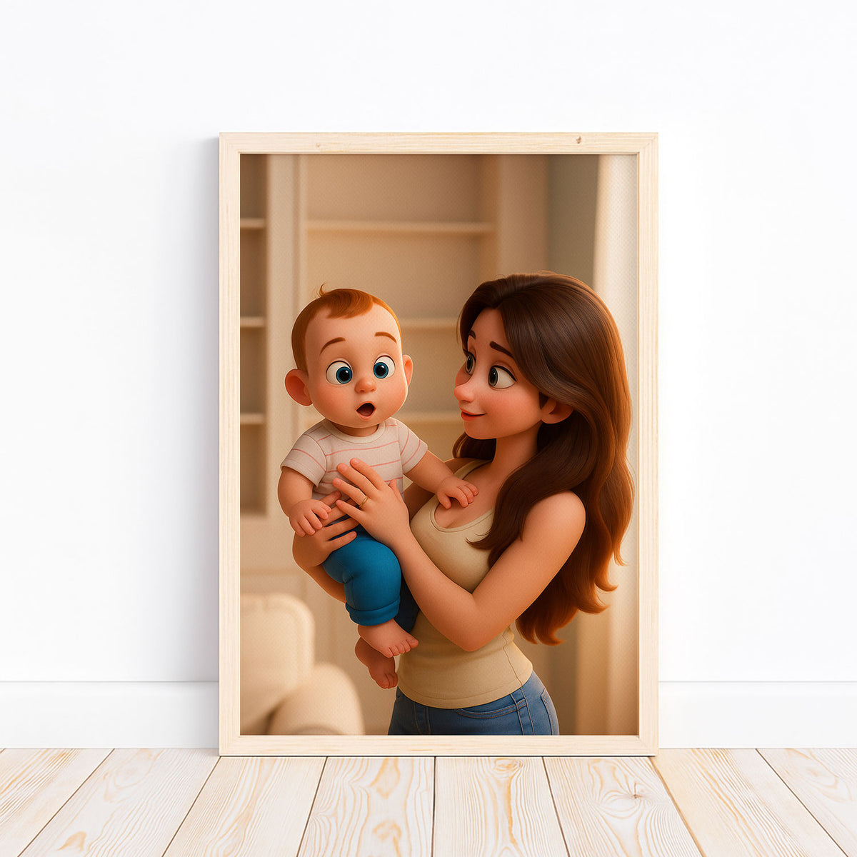 Heartwarming Cartoon Illustration of a Mother with Baby - Charming Home Decor for Family Spaces
 - 3