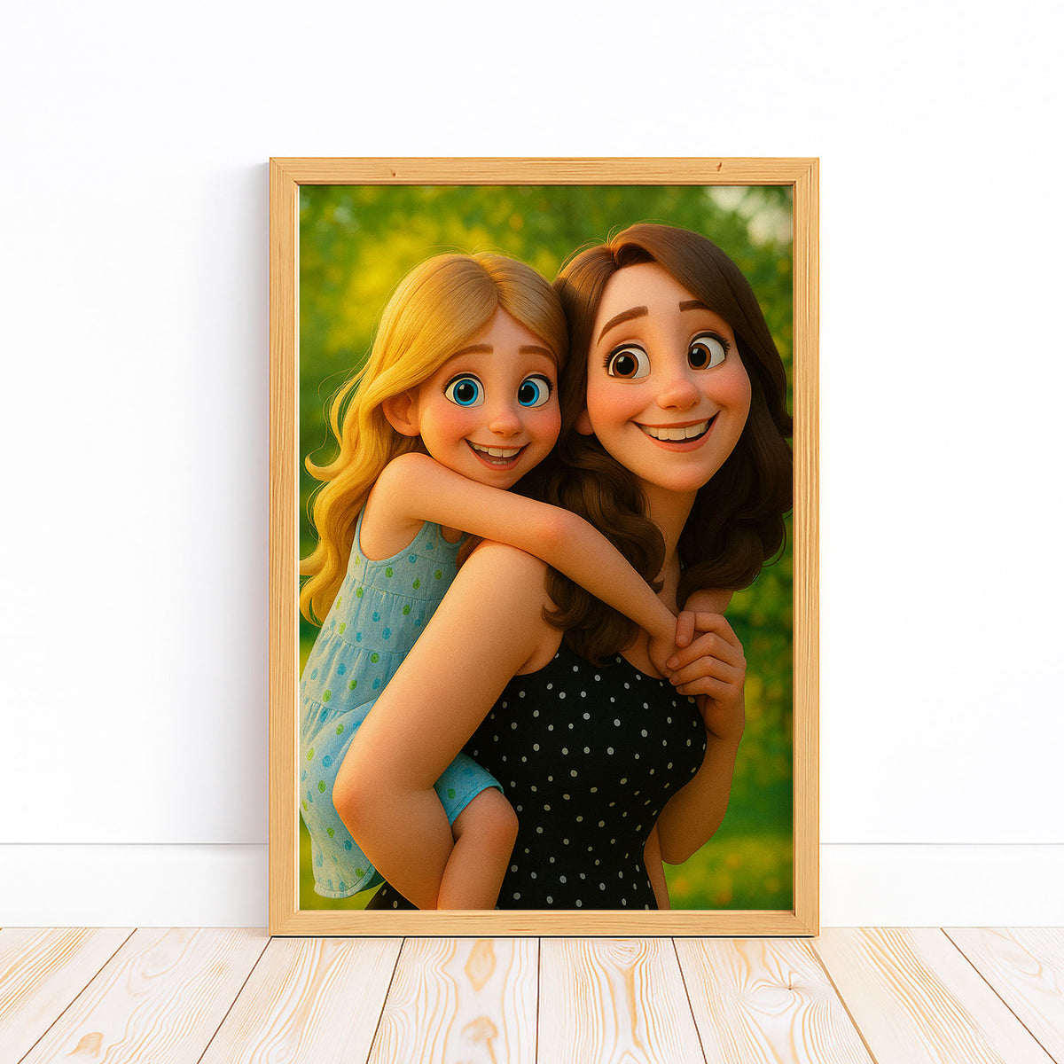 Whimsical Mother-Daughter Portrait: Heartwarming Cartoon Art for Your Home
 - 3
