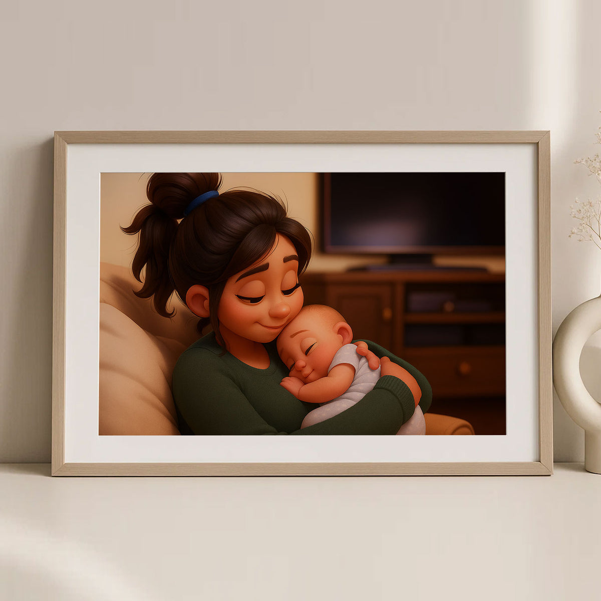 Heartwarming Illustrated Print of a Mother Kissing Her Baby – Charming Cartoon Style for Nursery Décor and Gift Ideas
 - 2
